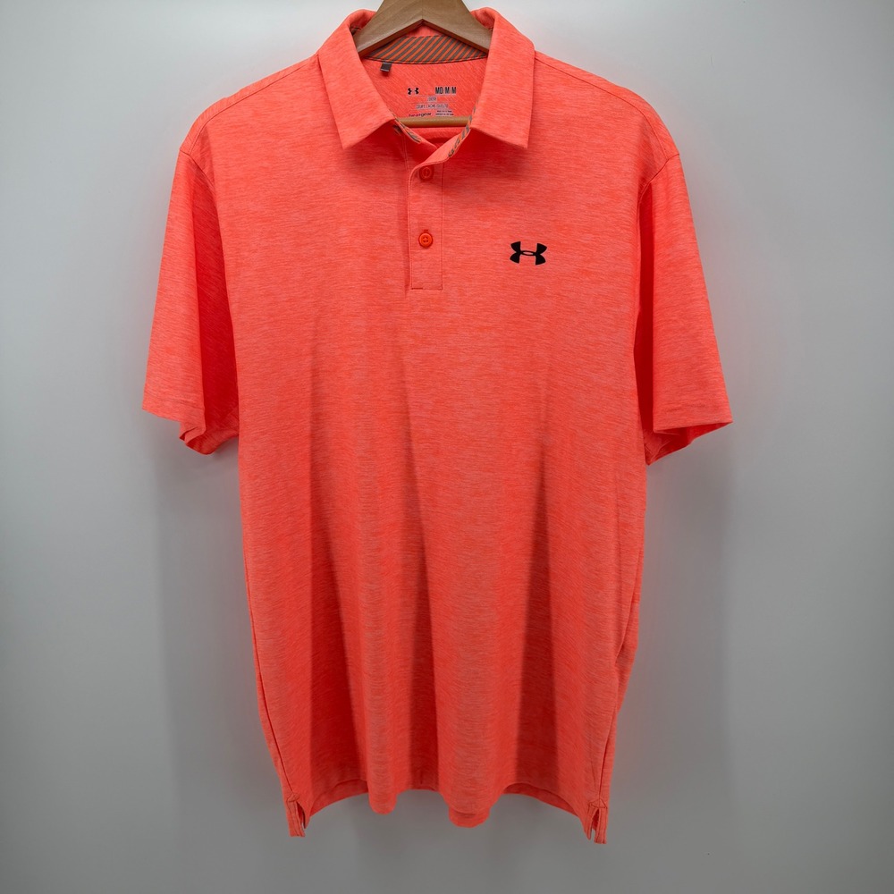 Under Armour Polo Mens Medium Neon Orange HeatGear Loose Fit Heathered Golf Top